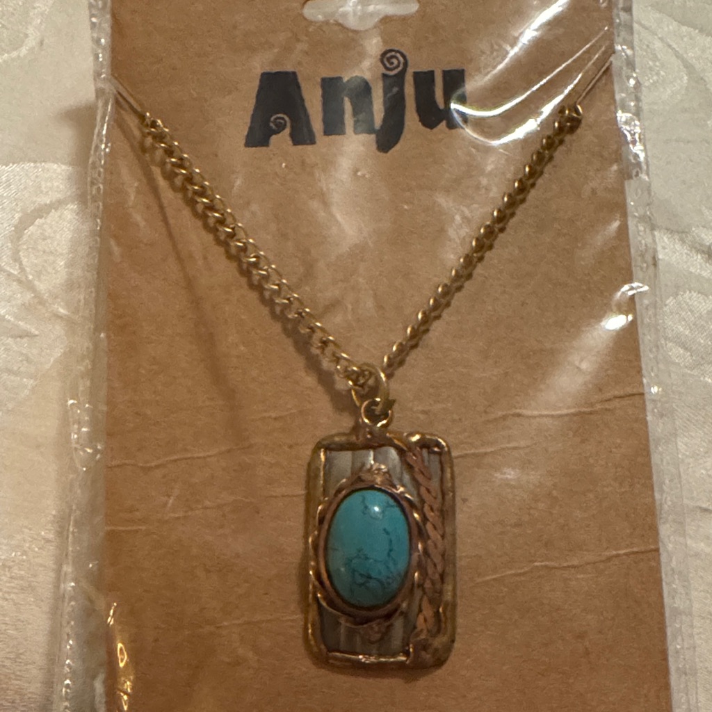 Anju Teal Howlite Turquoise Goldtone Abstract Handcrafted Pendant Necklace. New
